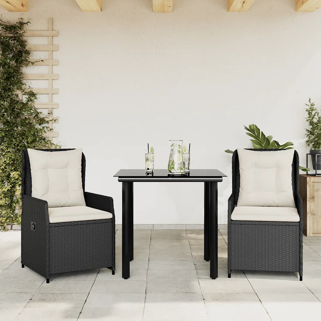 Set da Pranzo da Giardino 3 pz | Set Salotto da Giardino con Cuscini Nero in Polyrattan