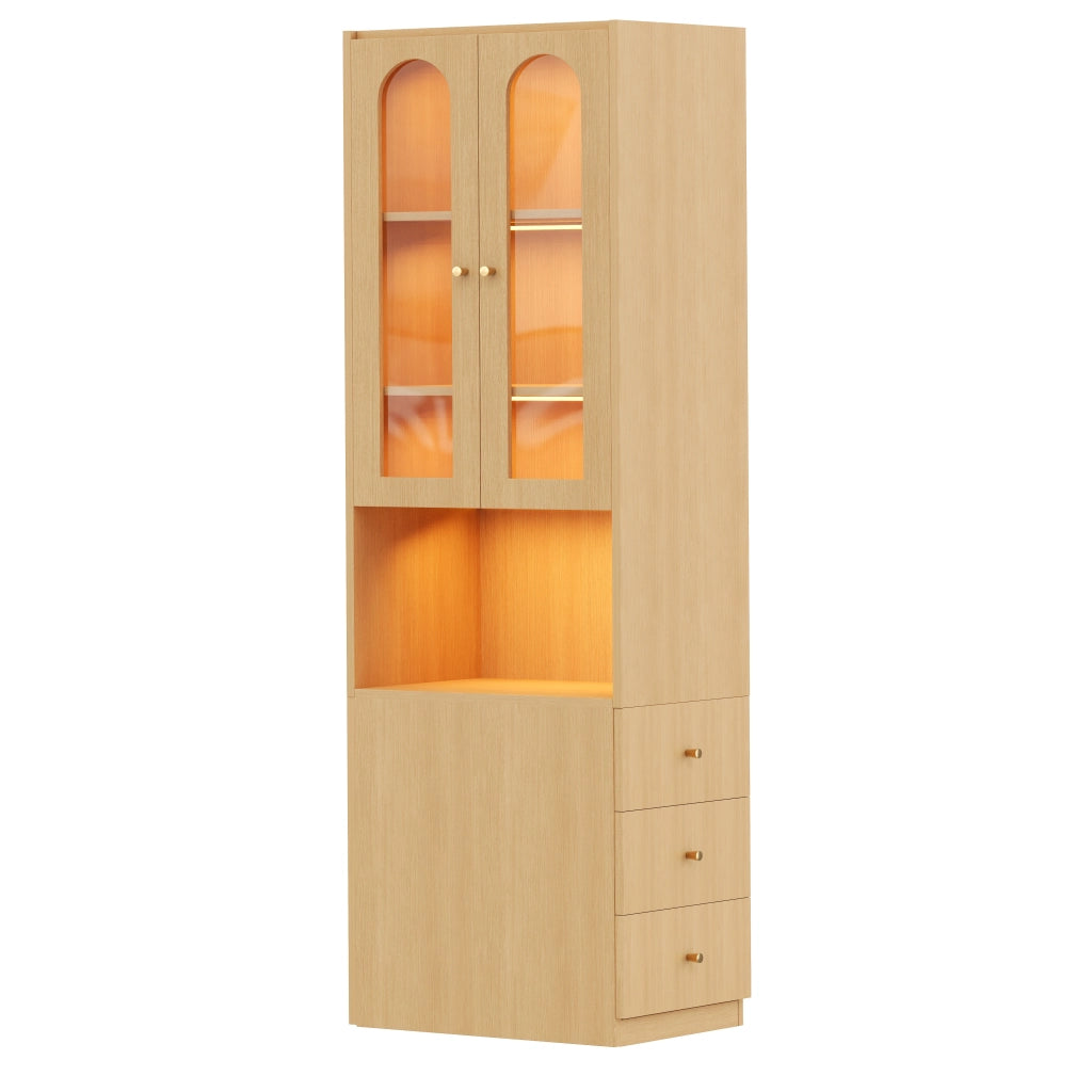 Libreria alta con 3 cassetti e vetrina in vetro temperato con LED per studio e soggiorno in MDF rovere 60 × 40 × 200 cm