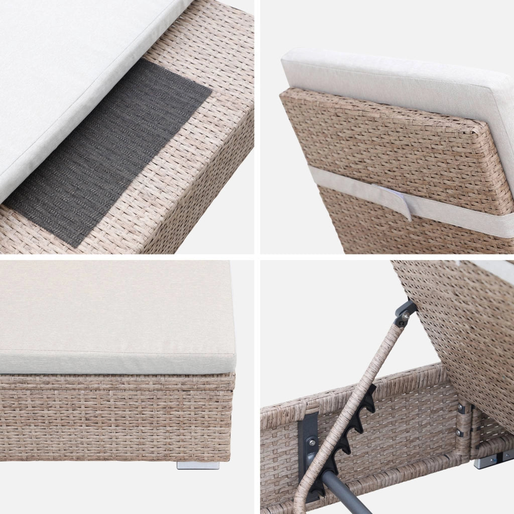 Set 2 lettini prendisole in resina intrecciata di poliestere, beige