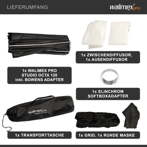 Studio Softbox Octagon 120cm + adattatore softbox per Elinchrom (diametro esterno: 15,2 cm), ruotabile a 360°, facile da montare, include griglia, maschera, adattatore Bowens