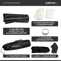 Studio Softbox Octagon 120cm + adattatore softbox per Elinchrom (diametro esterno: 15,2 cm), ruotabile a 360°, facile da montare, include griglia, maschera, adattatore Bowens