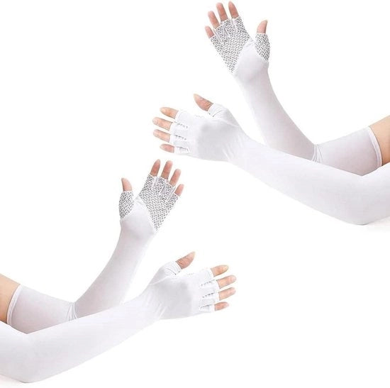 Manica lunga senza dita per uomo e donna | 2 paia di maniche | Protezione UV per sport | Cappuccio respiro per protezione braccio tatuaggio | Attività all'aperto