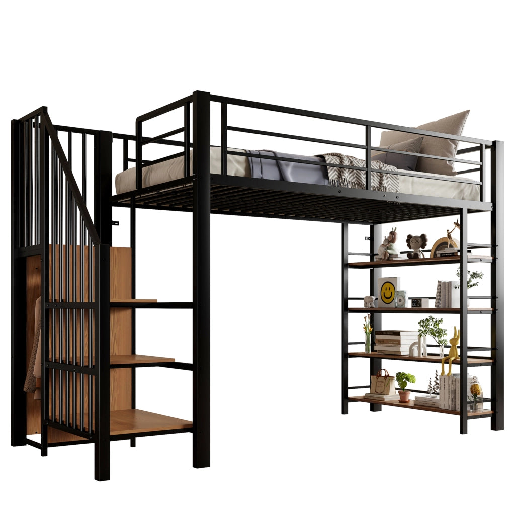 Letto a soppalco 90 x 200 cm nero con scala, guardaroba e ripiani