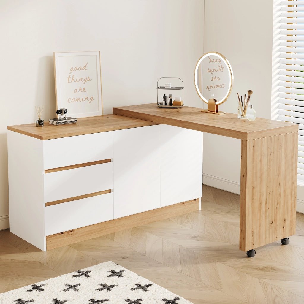 Scrivania pieghevole girevole con ruote frenanti, 2 porte e 3 cassetti, 120x50x78 cm, bianco e rovere