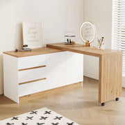 Scrivania pieghevole girevole con ruote frenanti, 2 porte e 3 cassetti, 120x50x78 cm, bianco e rovere