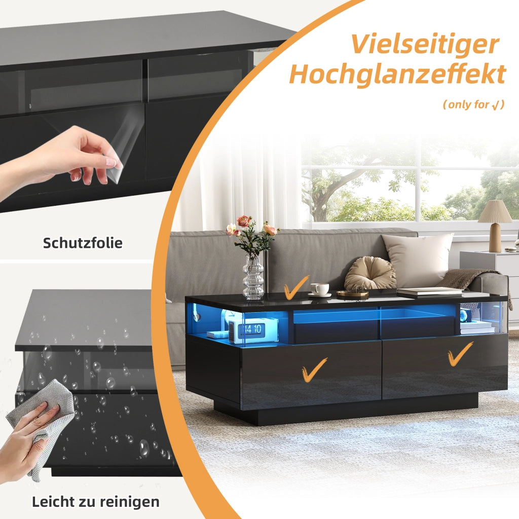 Tavolino da caffè con 2 cassetti; vassoio estraibile e LED - per soggiorno - 90×45×35.5 cm - nero