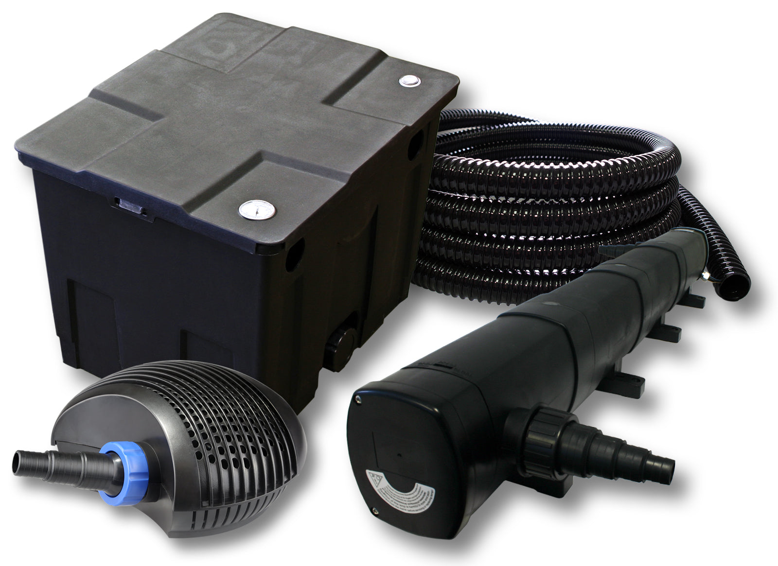 Set filtro per laghetto da 12000l Chiarificatore 72W Pompa CTF ECO 20W Tubo 25m