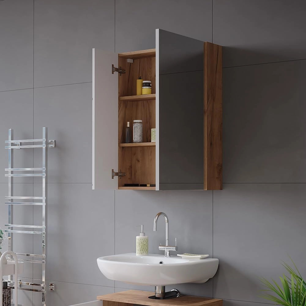Mobile a specchio per il bagno Irma, Rovere Goldkraft/bianco lucido, 60 x 75 cm