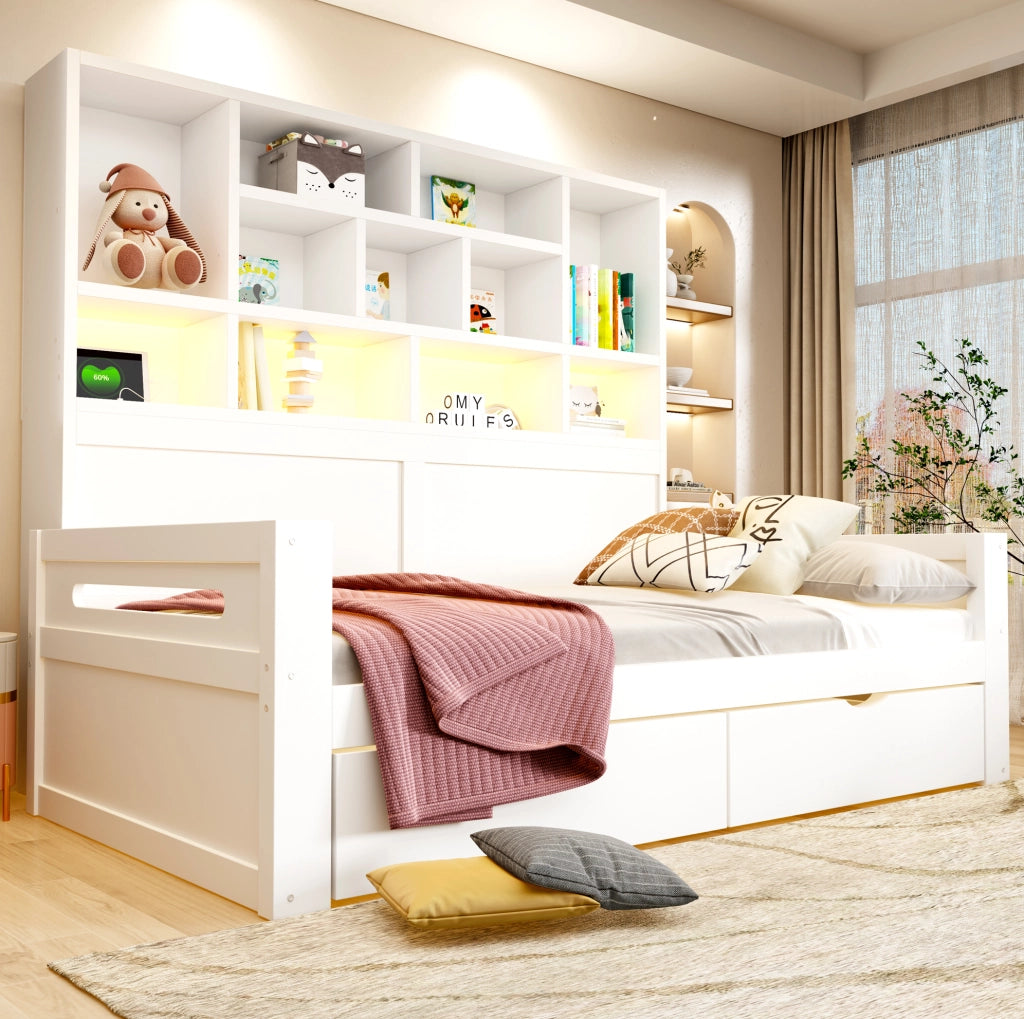 Letto multifunzione 90 x 200 cm con 2 cassetti; LED e prese; MDF bianco