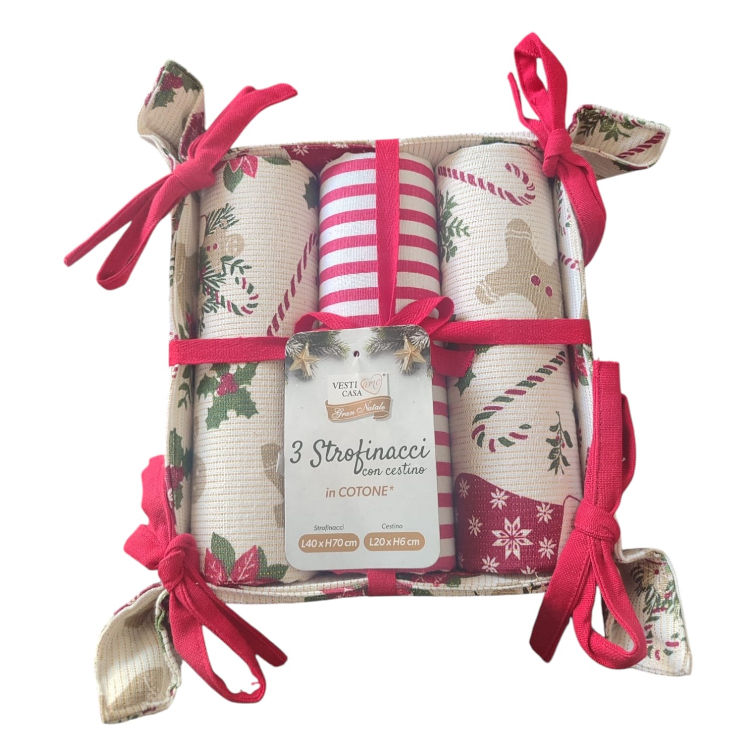 Set 3 Strofinacci con Cestino Portatovaglioli – Fantasie Natalizie