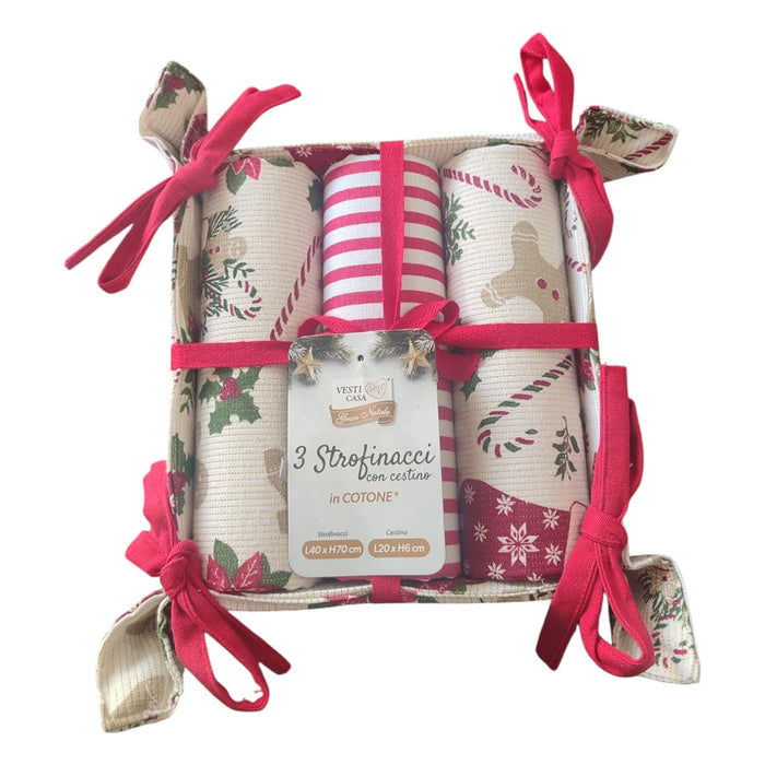 Set 3 Strofinacci con Cestino Portatovaglioli – Fantasie Natalizie