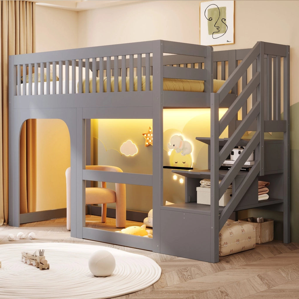 Letto a soppalco 90 x 200 cm, con ripiano portaoggetti, illuminazione a LED, sponde di sicurezza, letto per bambini, grigio