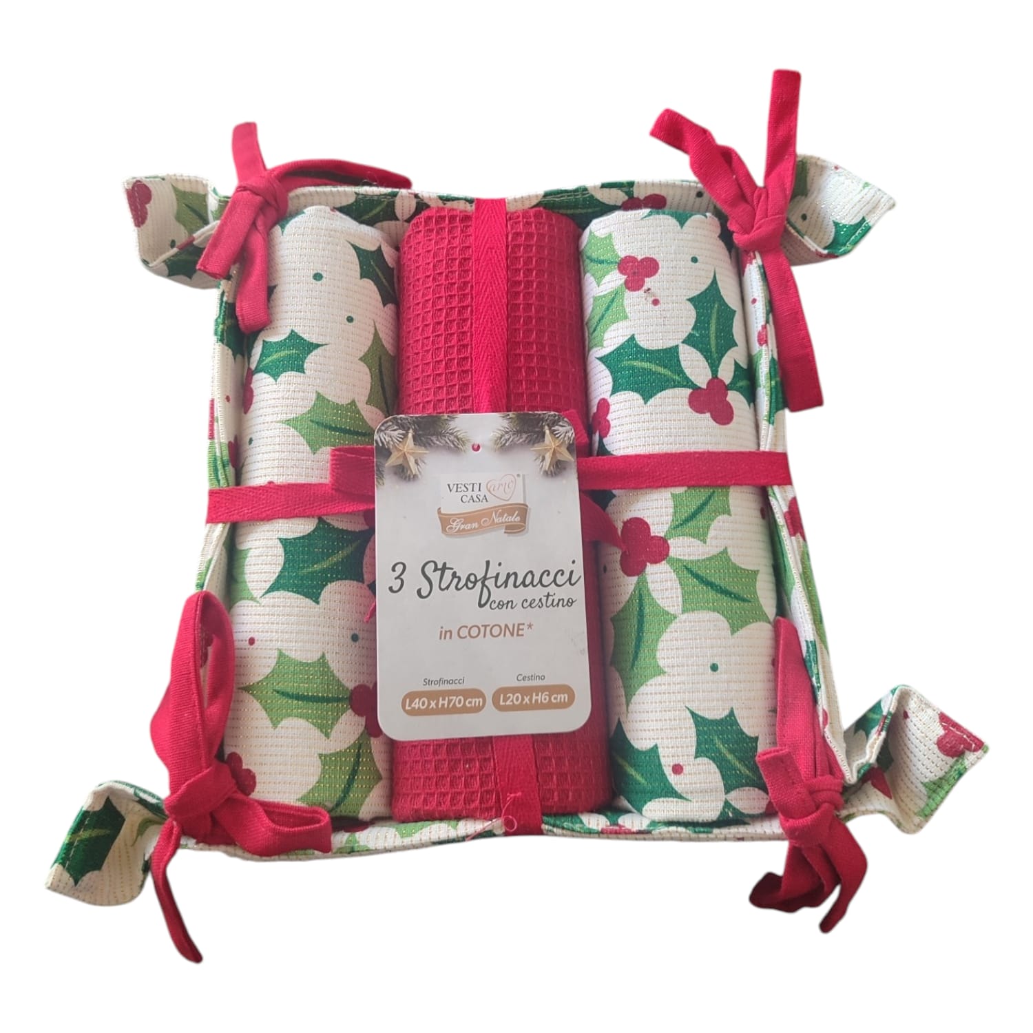 Set 3 Strofinacci con Cestino Portatovaglioli – Fantasie Natalizie