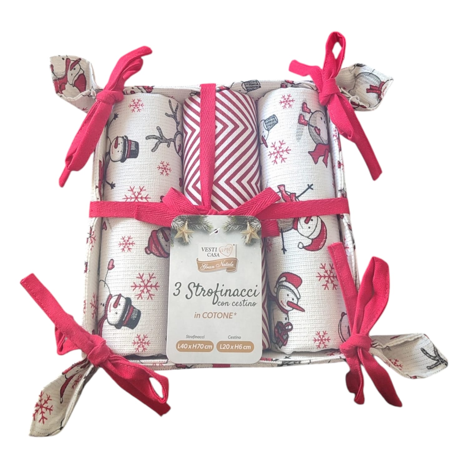 Set 3 Strofinacci con Cestino Portatovaglioli – Fantasie Natalizie