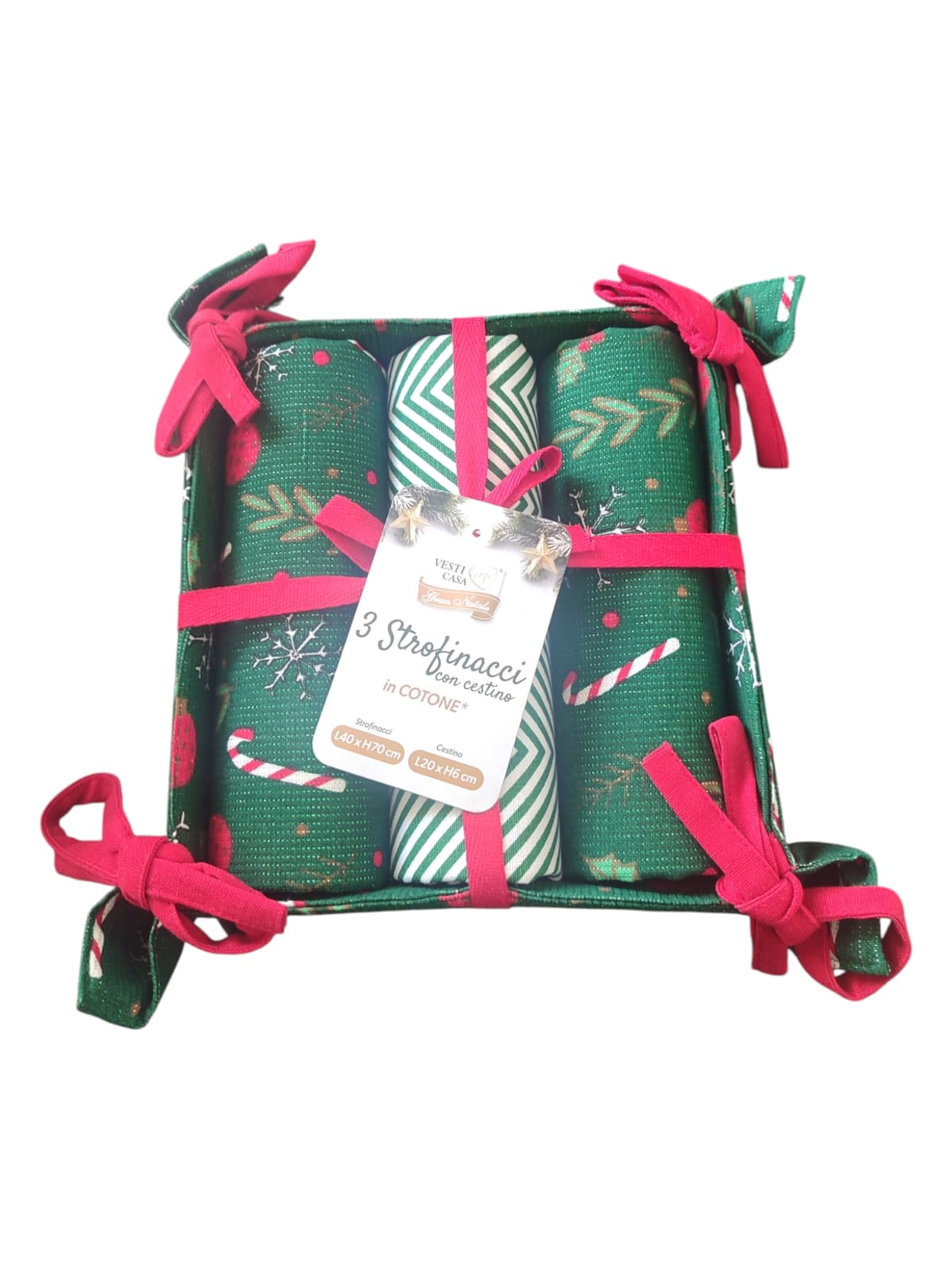 Set 3 Strofinacci con Cestino Portatovaglioli – Fantasie Natalizie