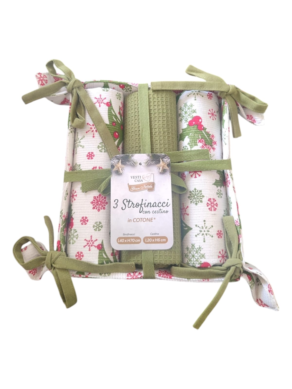 Set 3 Strofinacci con Cestino Portatovaglioli – Fantasie Natalizie