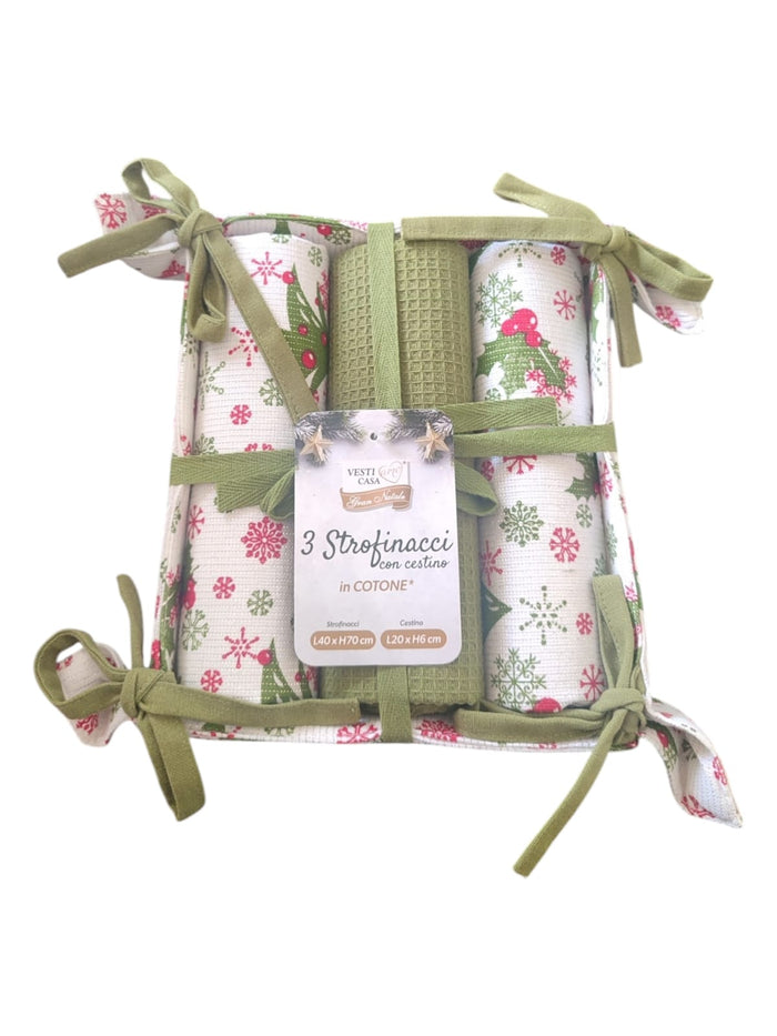 Set 3 Strofinacci con Cestino Portatovaglioli – Fantasie Natalizie
