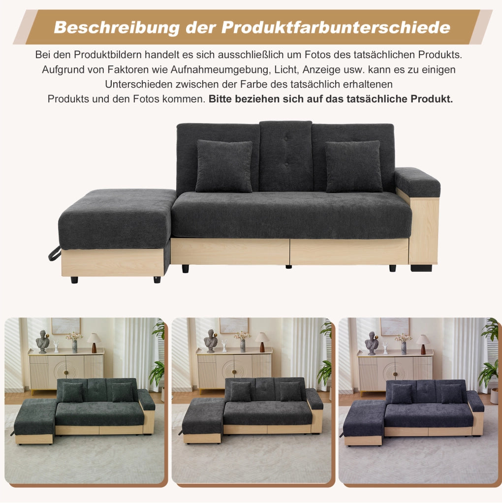 Divano letto grigio in chenille con contenitore e schienale regolabile