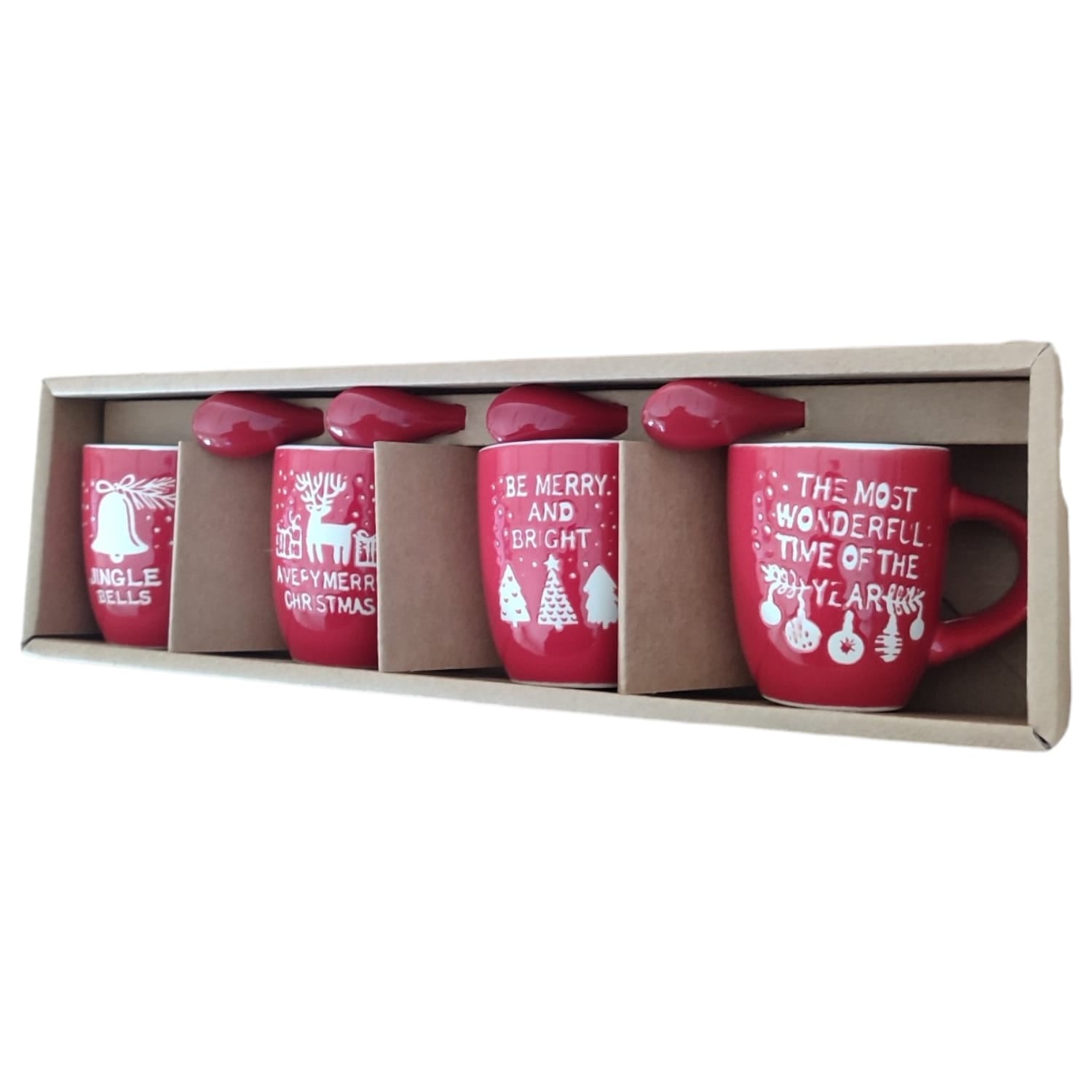 Set 4 Tazzine Caffè Natalizie Gres Rosso 7cl con Cucchiaini Idea Regalo