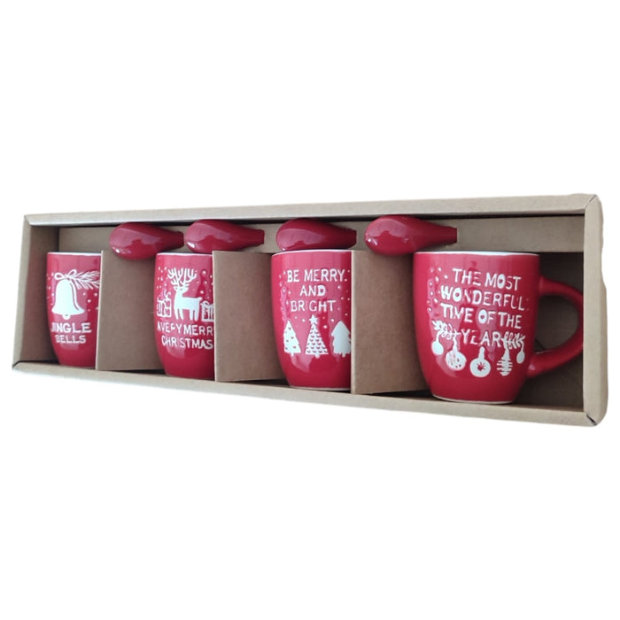 Set 4 Tazzine Caffè Natalizie Gres Rosso 7cl con Cucchiaini Idea Regalo