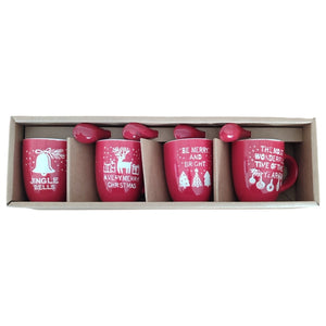 Set 4 Tazzine Caffè Natalizie Gres Rosso 7cl con Cucchiaini Idea Regalo