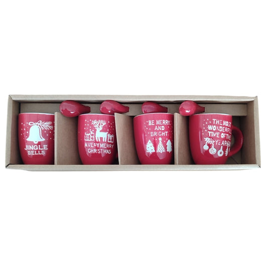 Set 4 Tazzine Caffè Natalizie Gres Rosso 7cl con Cucchiaini Idea Regalo