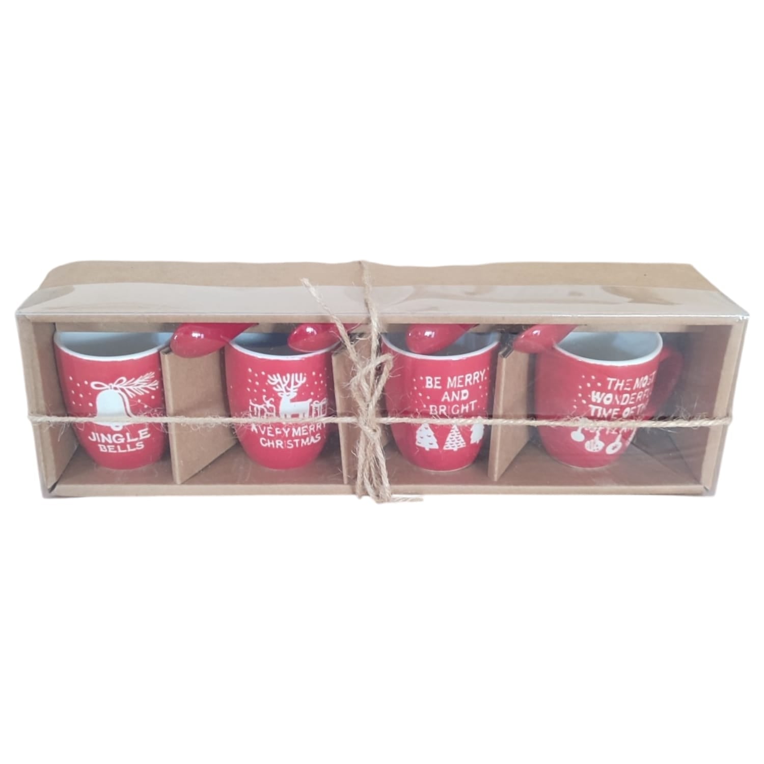 Set 4 Tazzine Caffè Natalizie Gres Rosso 7cl con Cucchiaini Idea Regalo