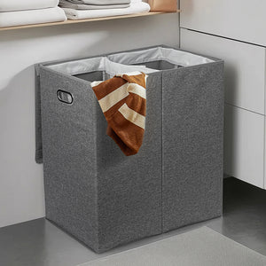 Cesto Portabiancheria con Doppio Scomparto, Coperchio e Manici in Metallo 64x36x65 cm