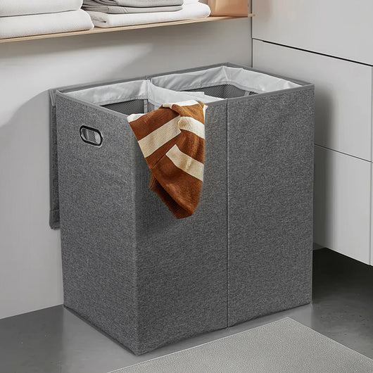 Cesto Portabiancheria con Doppio Scomparto, Coperchio e Manici in Metallo 64x36x65 cm