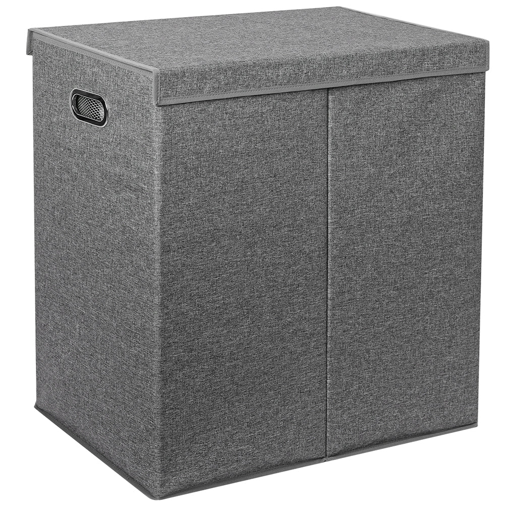 Cesto Portabiancheria con Doppio Scomparto, Coperchio e Manici in Metallo 64x36x65 cm