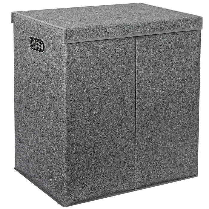 Cesto Portabiancheria con Doppio Scomparto, Coperchio e Manici in Metallo 64x36x65 cm