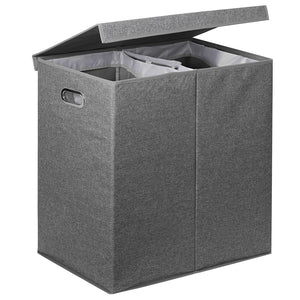 Cesto Portabiancheria con Doppio Scomparto, Coperchio e Manici in Metallo 64x36x65 cm