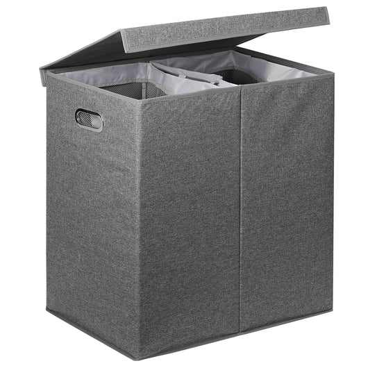 Cesto Portabiancheria con Doppio Scomparto, Coperchio e Manici in Metallo 64x36x65 cm