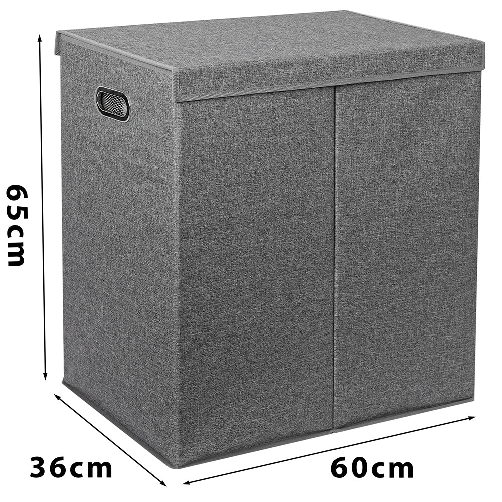 Cesto Portabiancheria con Doppio Scomparto, Coperchio e Manici in Metallo 64x36x65 cm