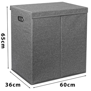 Cesto Portabiancheria con Doppio Scomparto, Coperchio e Manici in Metallo 64x36x65 cm