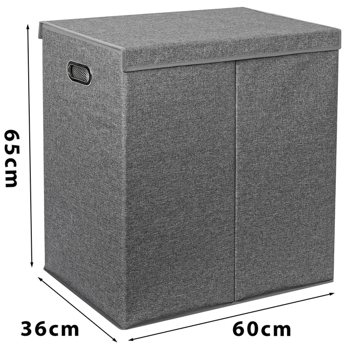 Cesto Portabiancheria con Doppio Scomparto, Coperchio e Manici in Metallo 64x36x65 cm