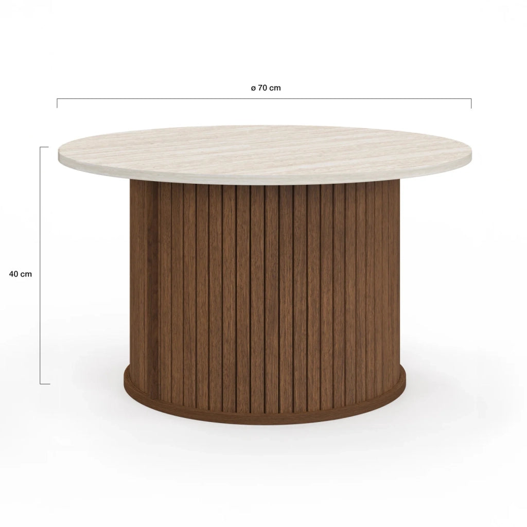 IDMarket - Tavolino rotondo JULIETTE da 70 cm con doghe effetto noce e piano in travertino