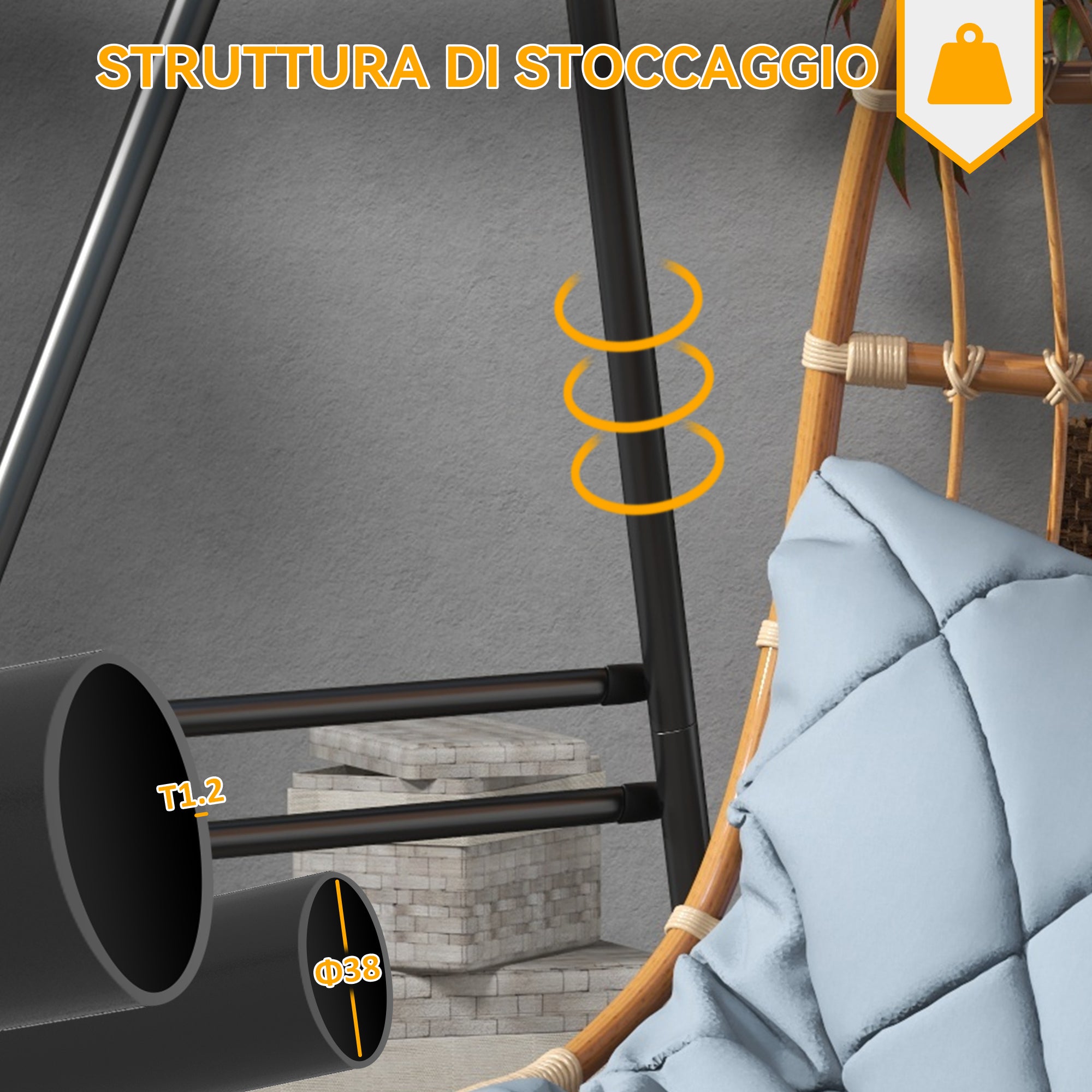 Struttura di Supporto per Amaca e Poltrona a Uovo 178x143x180 cm con Gambe ad A e Agganci Singoli e Doppi in Acciaio