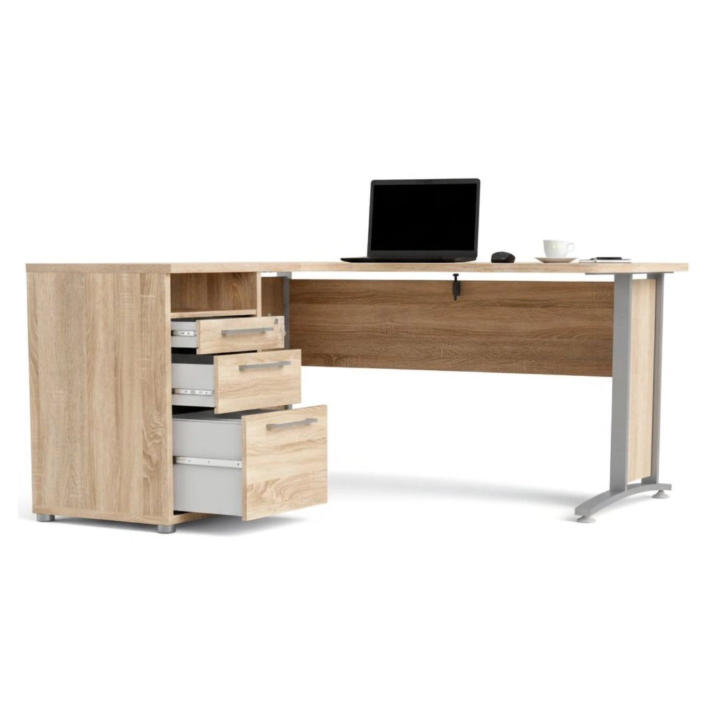 Scrivania Alfango, Scrittoio multiuso, Tavolo per ufficio porta PC, Piano di lavoro, 159x151 h75 cm, Grigio e Quercia