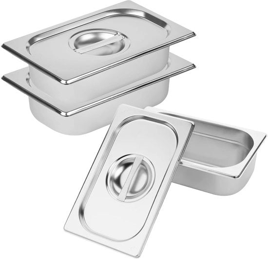 Set di 3 contenitori GN 1/3 con coperchio, contenitori GN in acciaio inossidabile, per cucina e dispensa, impermeabili, riutilizzabili, scatola di pranzo metallica Bento (32,5 x 17,5 x 6,5 cm)