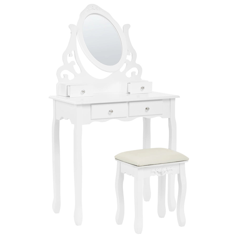 Tavolo da Toeletta Bianco Sgabello Specchio Ovale Inclinabile 4 Cassetti Soggiorno Design Scandinavo