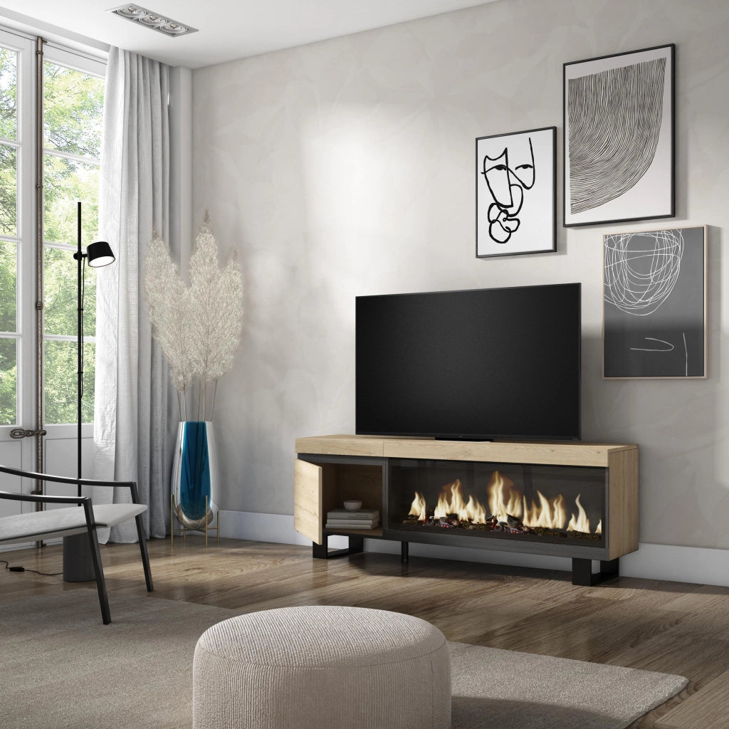 Mobile TV Soggiorno, 158x35x57cm, Per TV fino a 65", Camino elettrico XXL, Design industriale, colore Rovere RF3252