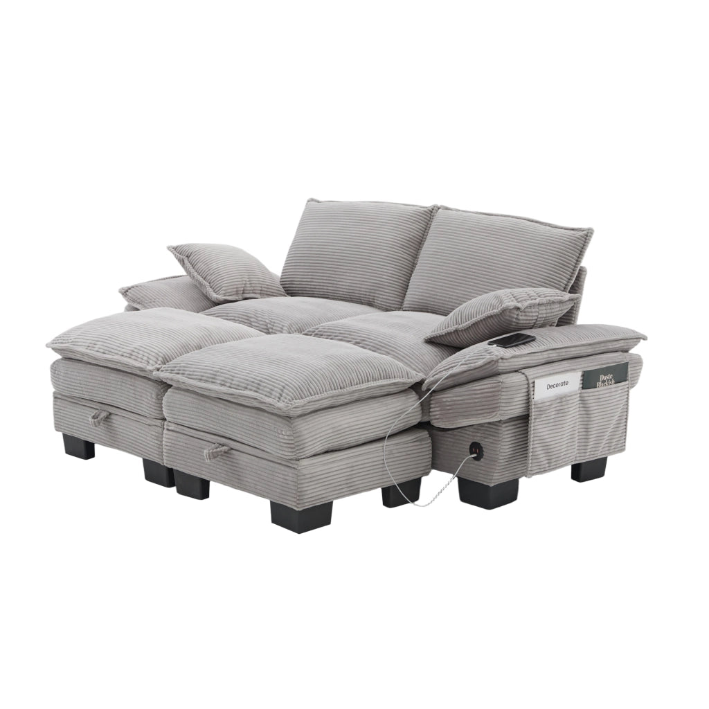 Divano 2 Posti con Poggiapiedi in Tessuto ¨C MINIMAL ¨C Grigio Chiaro