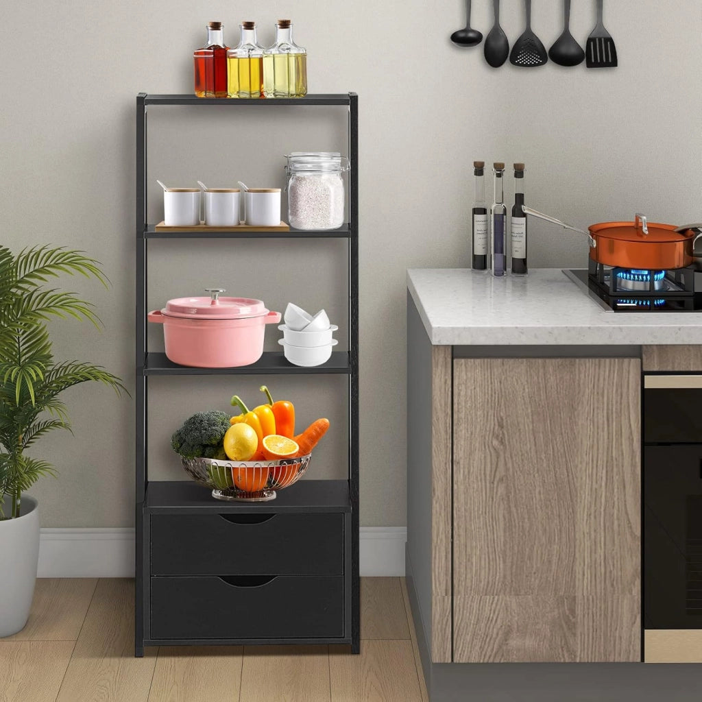 Scaffale a 3 Ripiani Stile Moderno, Libreria con Struttura con 2 Cassetti, Adatto per Soggiorno, Studio, Cucina, Camera da Letto e Ufficio, Nero, 52x40x133 cm