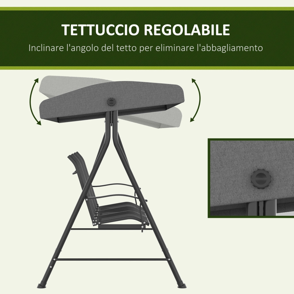 Dondolo da Giardino 3 Posti 195x118x170 cm con Tettuccio Parasole Regolabile Grigio Scuro