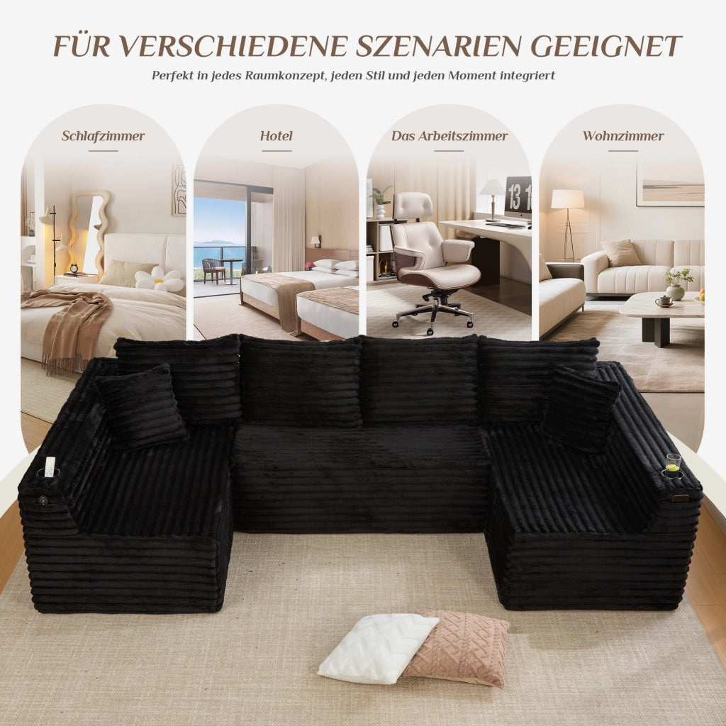 Divano modulare a U con portabicchieri e tasche laterali in velluto a coste nero con 4 cuscini 320 × 155 × 88 cm