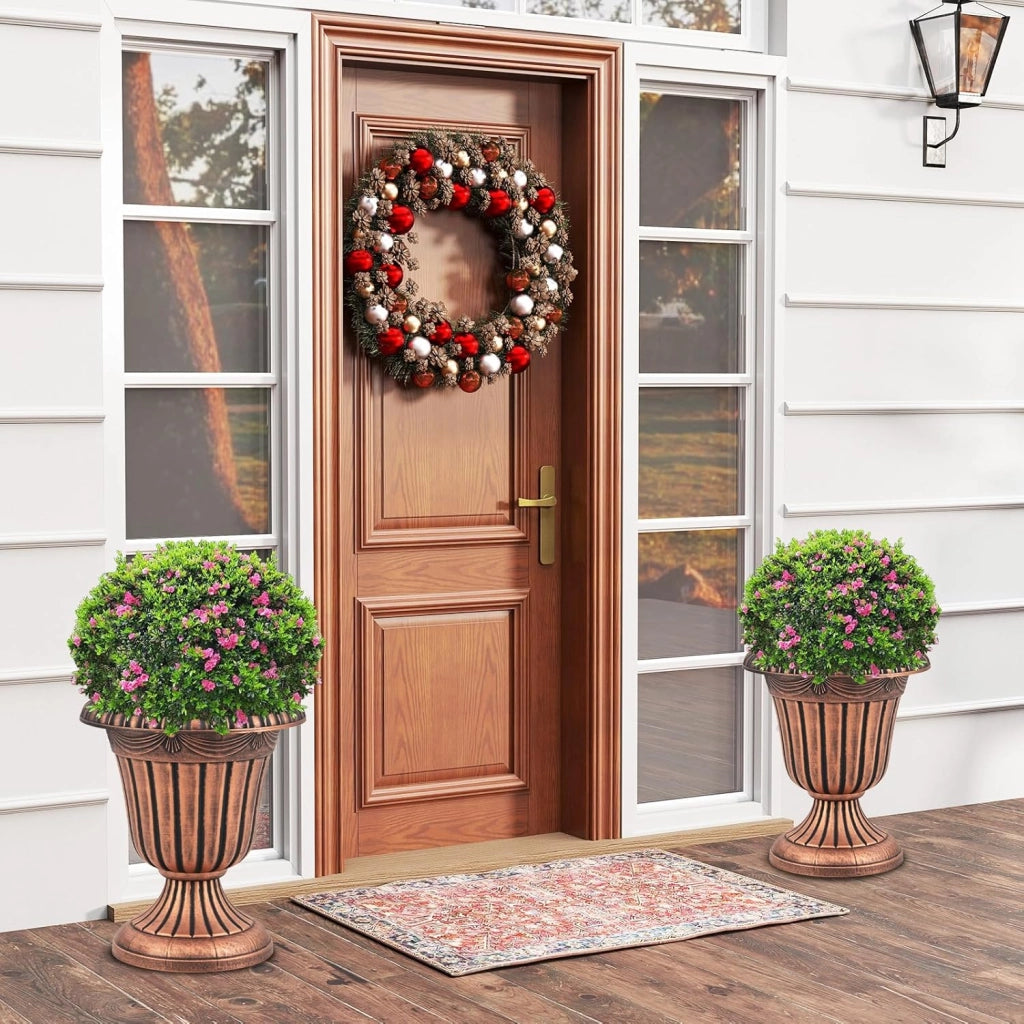 Set di 2 Vasi Alti, Vasi per Fiori in Plastica a Forma di Urna con Base a Piedistallo e Foro di Drenaggio, Contenitori Decorativi per Piante per Interni ed Esterni (Bronzo)