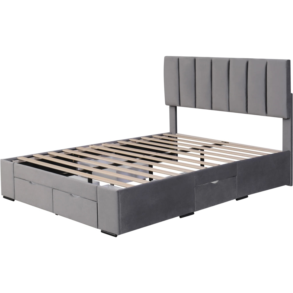 Letto imbottito 140x200 cm in velluto grigio con rete a doghe e 4 cassetti