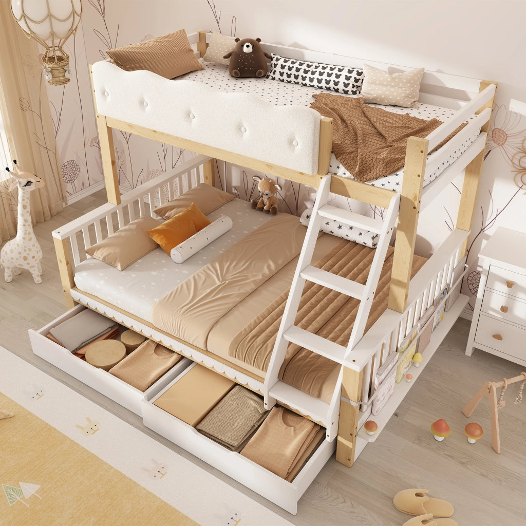 Letto a castello per bambini 90x200/140x200 cm con cassetti, portariviste e scala inclinata, Bianco & Rovere