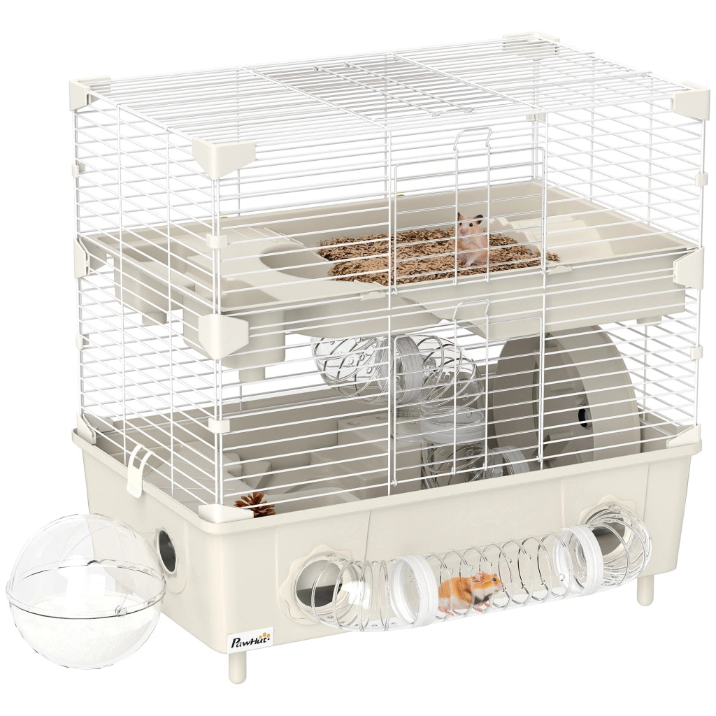 Gabbia per Criceti a 2 Livelli 44,5x28x44 cm 3 Porte Ruota e Tubi in Acciaio e PP Crema e Bianco